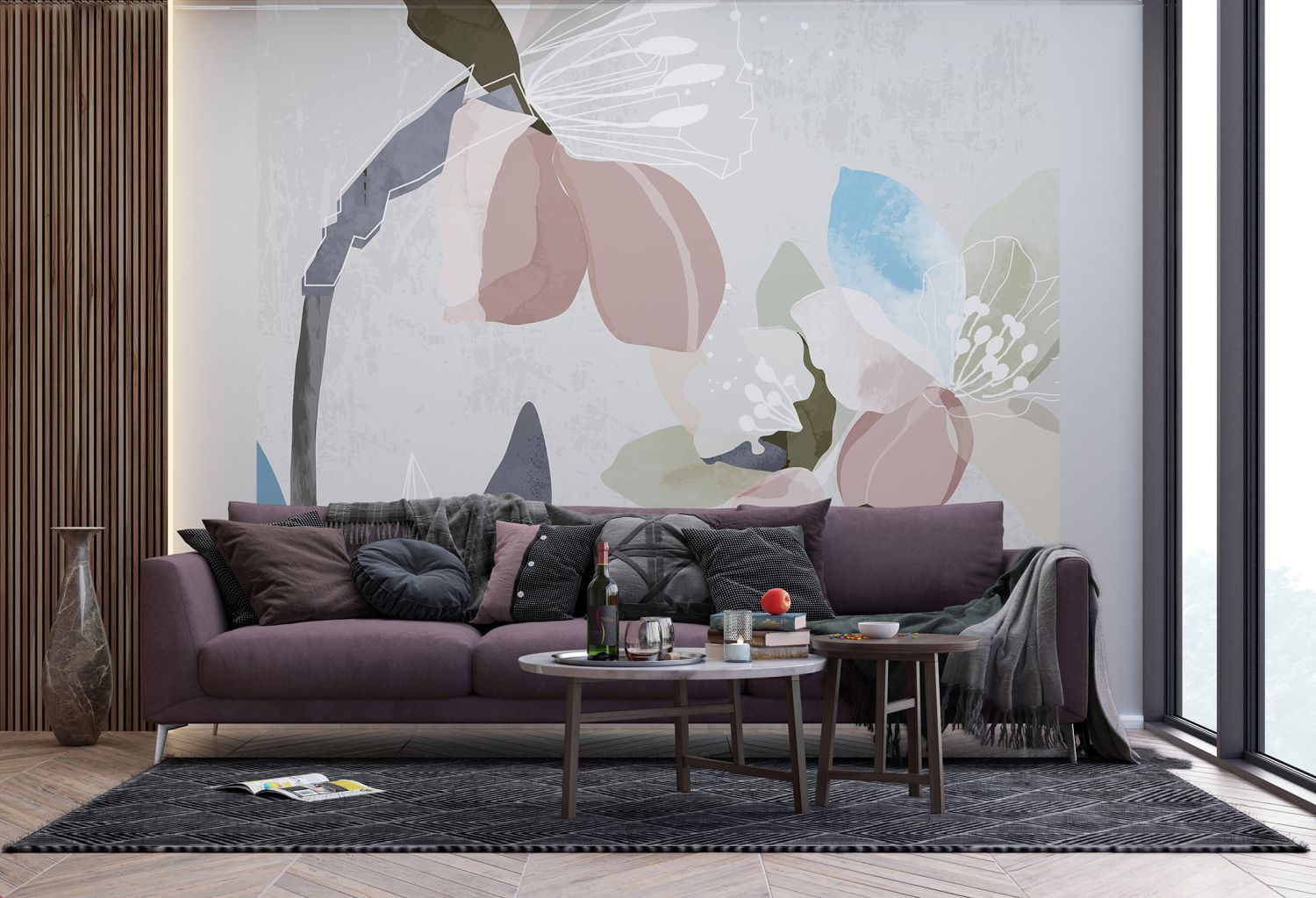Sanders & Sanders fotobehang bloemmotief grijs, roze en blauw - 270 x 300 cm - 601179