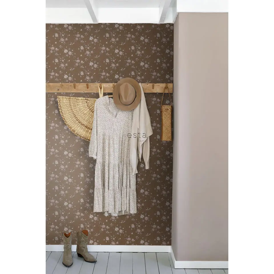 ESTAhome behang bloemetjes roest bruin en roze - 53 cm x 10.05 m