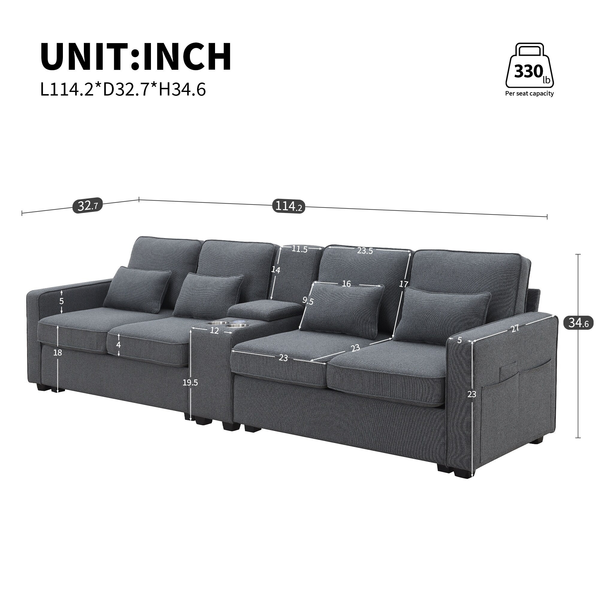 Linen Straight Row Sectional Sofa w4 Pillows, Console, Wired or Wirelessly Charged, Side Pockets, 2 Cupholders and 2 USB Ports