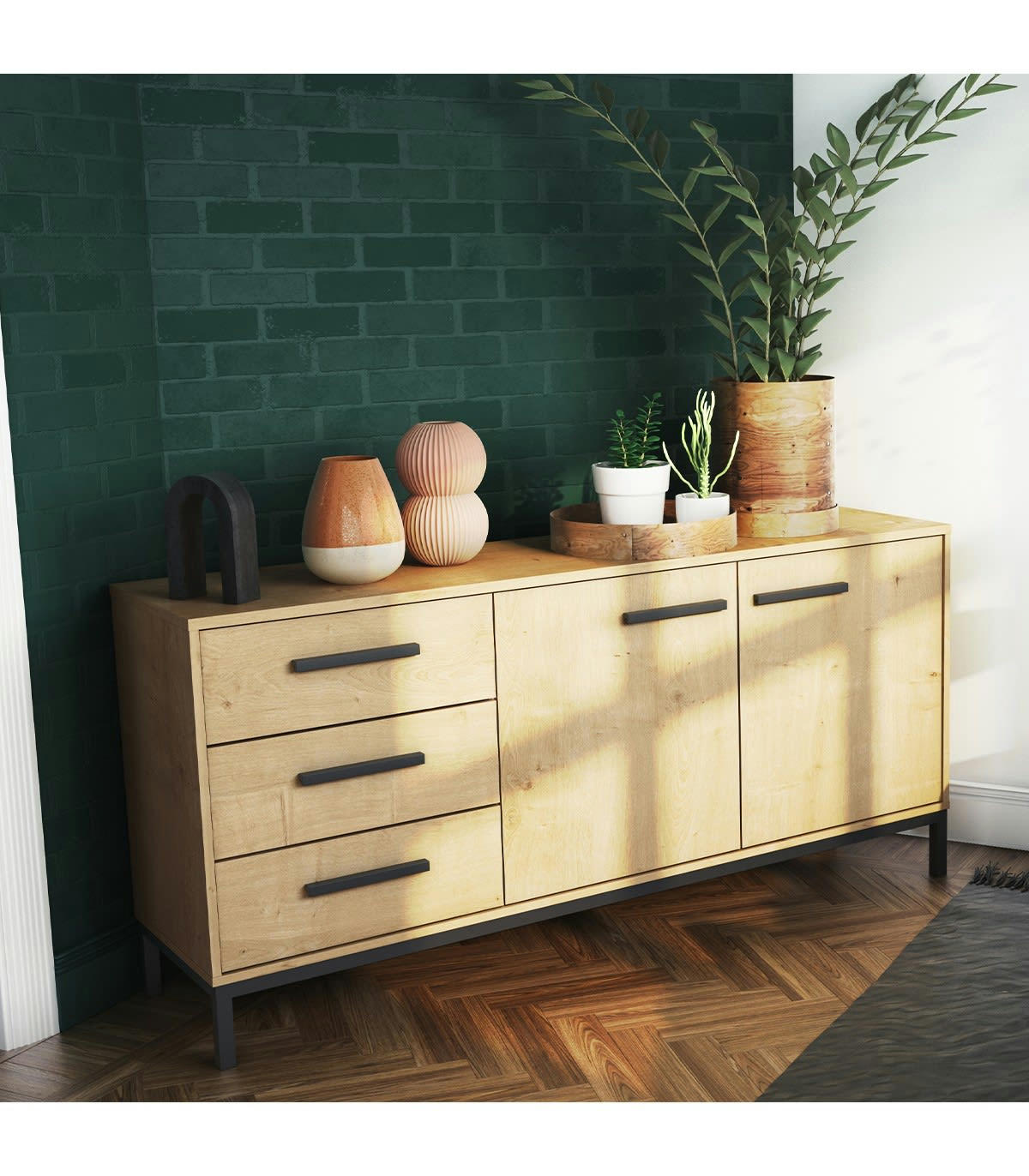 CRAFT - Buffet 2 portes et 3 tiroirs décor chêne hamilton et noir mat