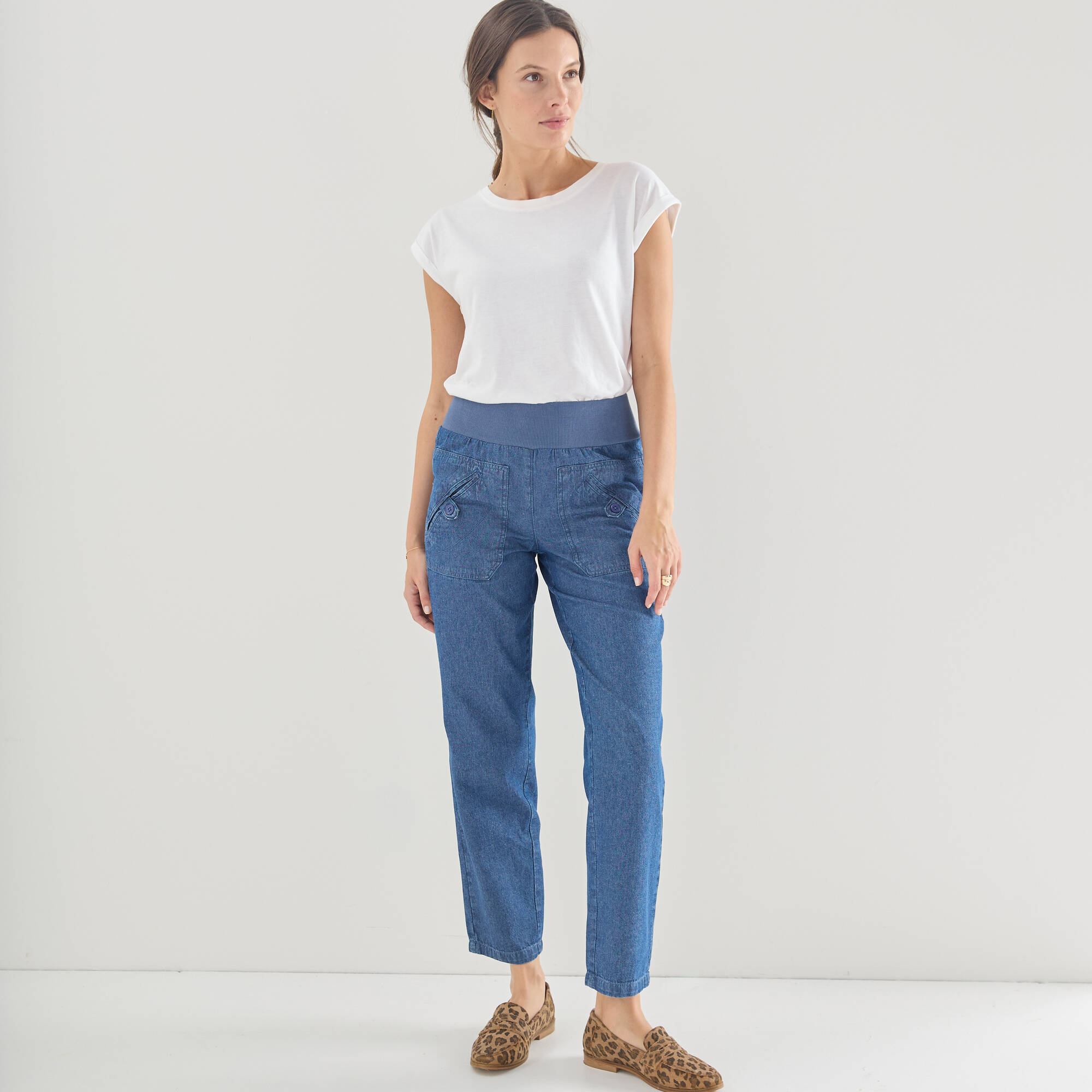 Pantalon droit 7/8ème, taille élastiquée, denim