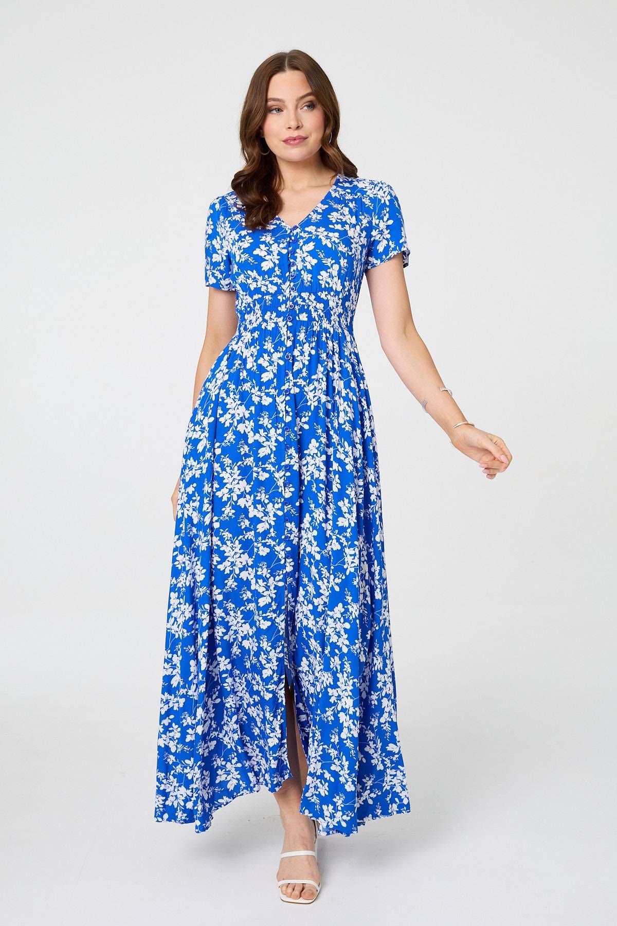 Izabel London Ditsy Floral Shirred V-Neck Maxi Dress