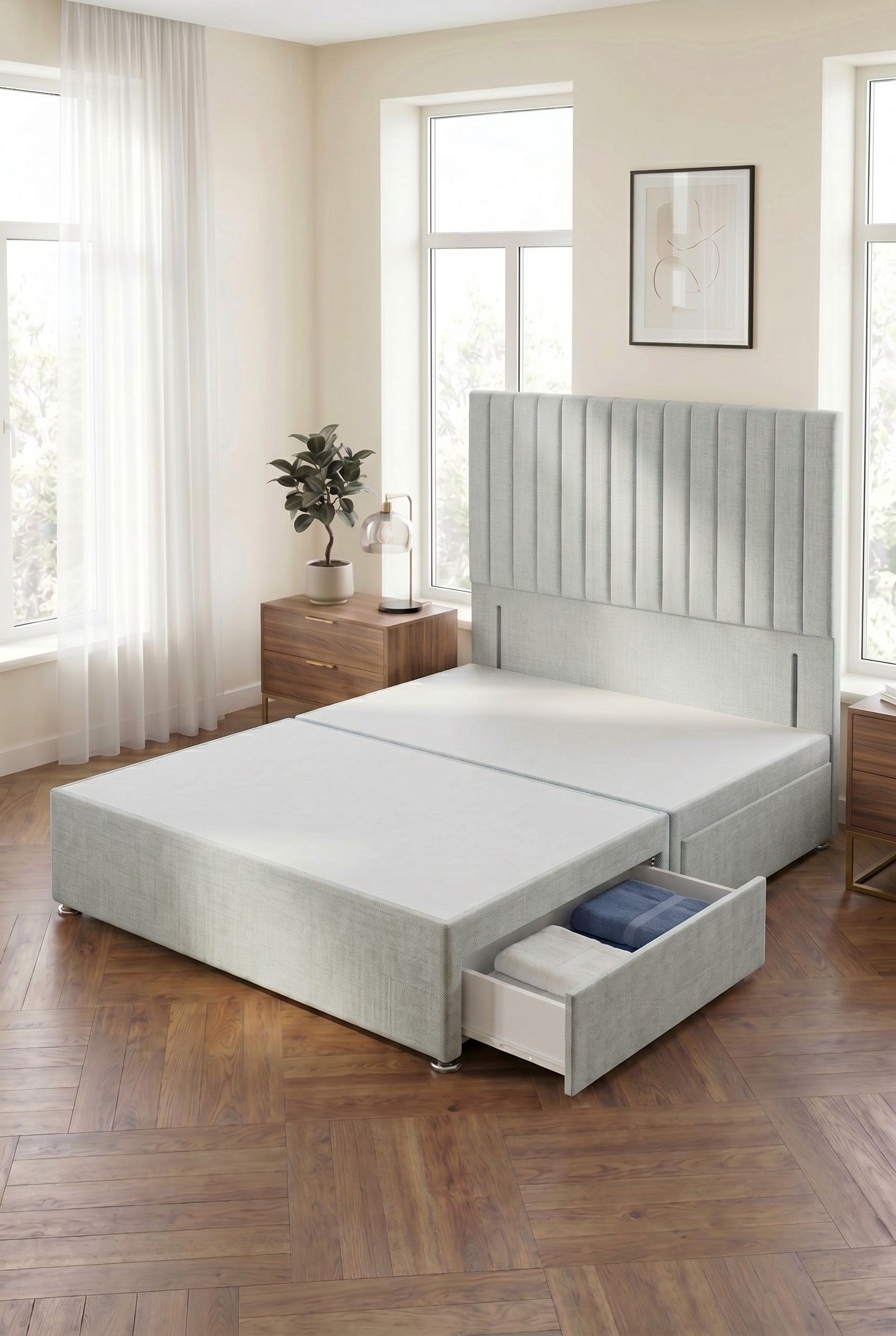 Somnior Eleanor Divan Bed 2 Drawers and 54" Floor Standing Headboard Linen