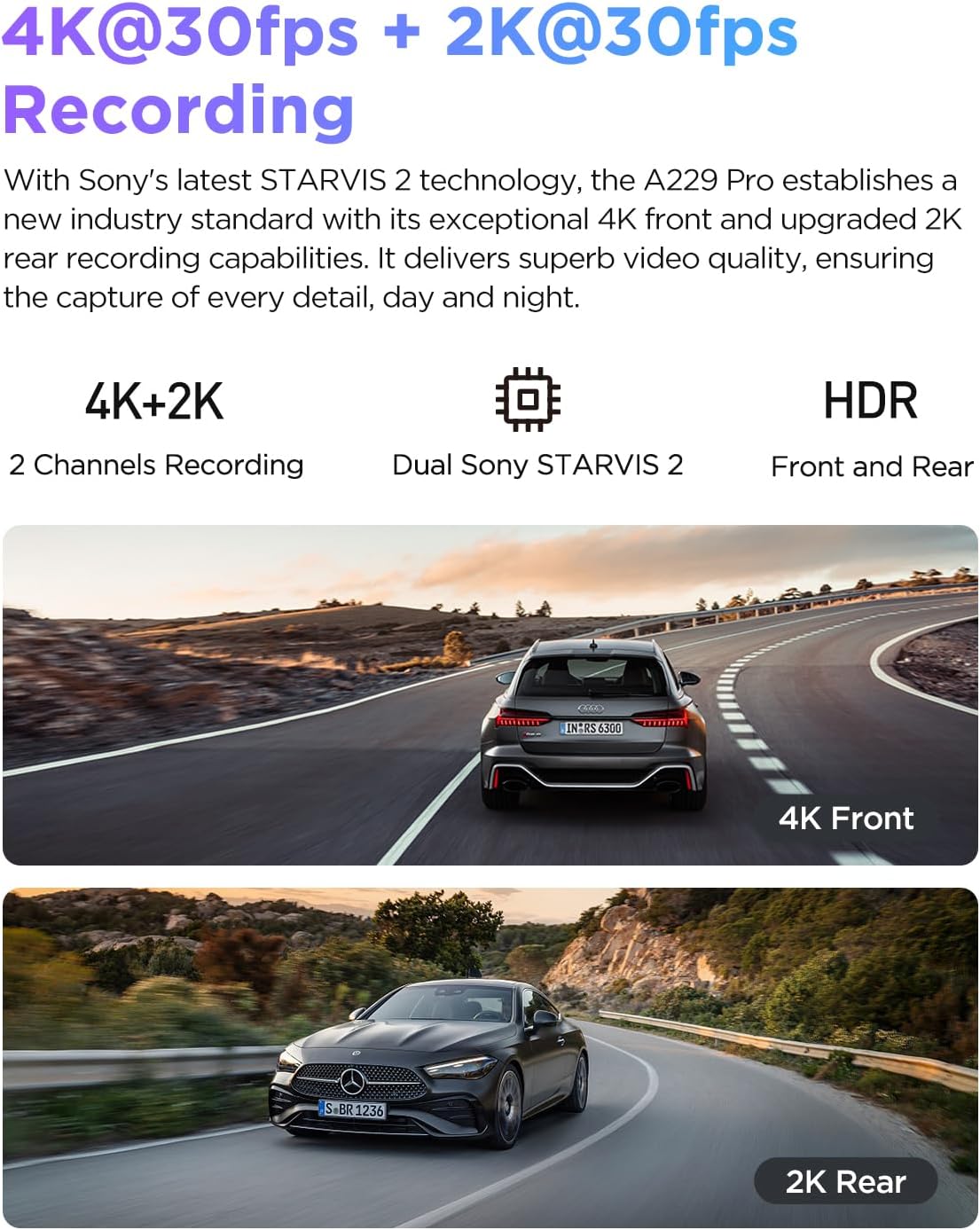 VIOFO A229 Pro 4K HDR Dash Cam  Dual STARVIS 2 IMX678 IMX675  4K+2K Front and Rear Car Camera  2 Channel with HDR  Voice Control  5GHz WiFi GPS  Night Vision 2.0  24H Parking Mode