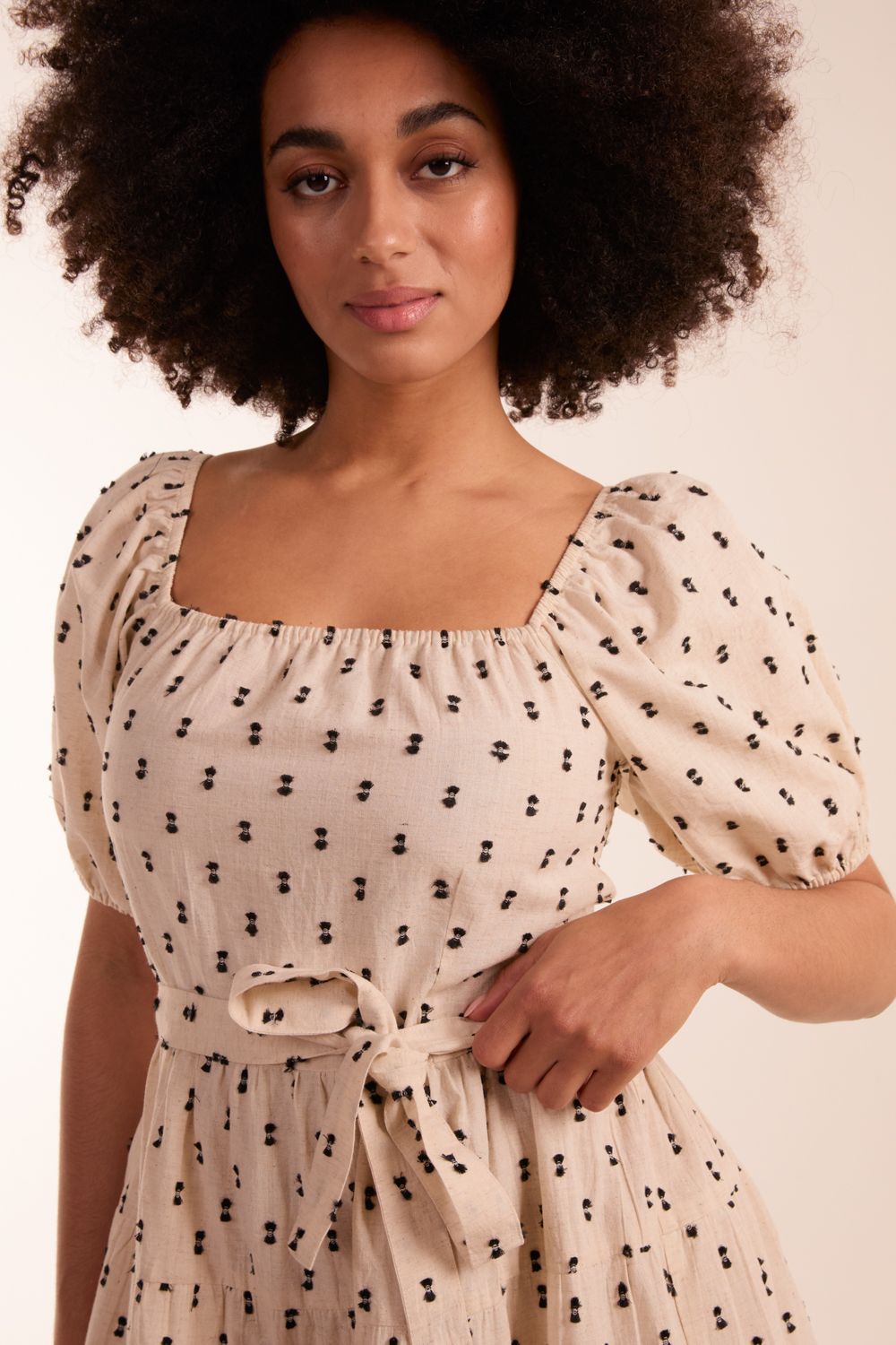 Blue Vanilla Milkmaid Dobby Spot Mini Dress