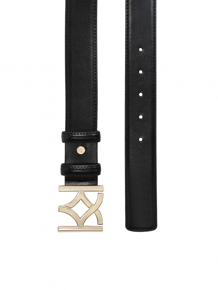 Black leather women's belt with large buckle
