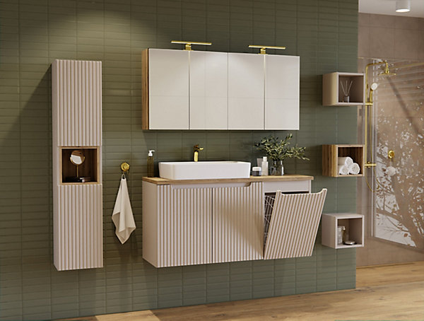 Meuble bas de salle de bain avec panier à linge et plan NOVA CACHEMIRE 40 cm