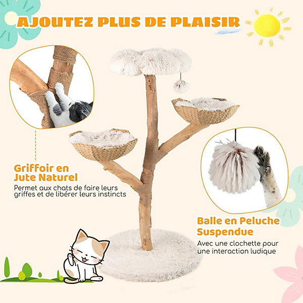 Arbre a Chat 122 CM en Bois Massif avec Perchoir en Forme Fleur,2 Paniers Rotin,Balle Suspendue et Base Large,avec Coussin Peluche