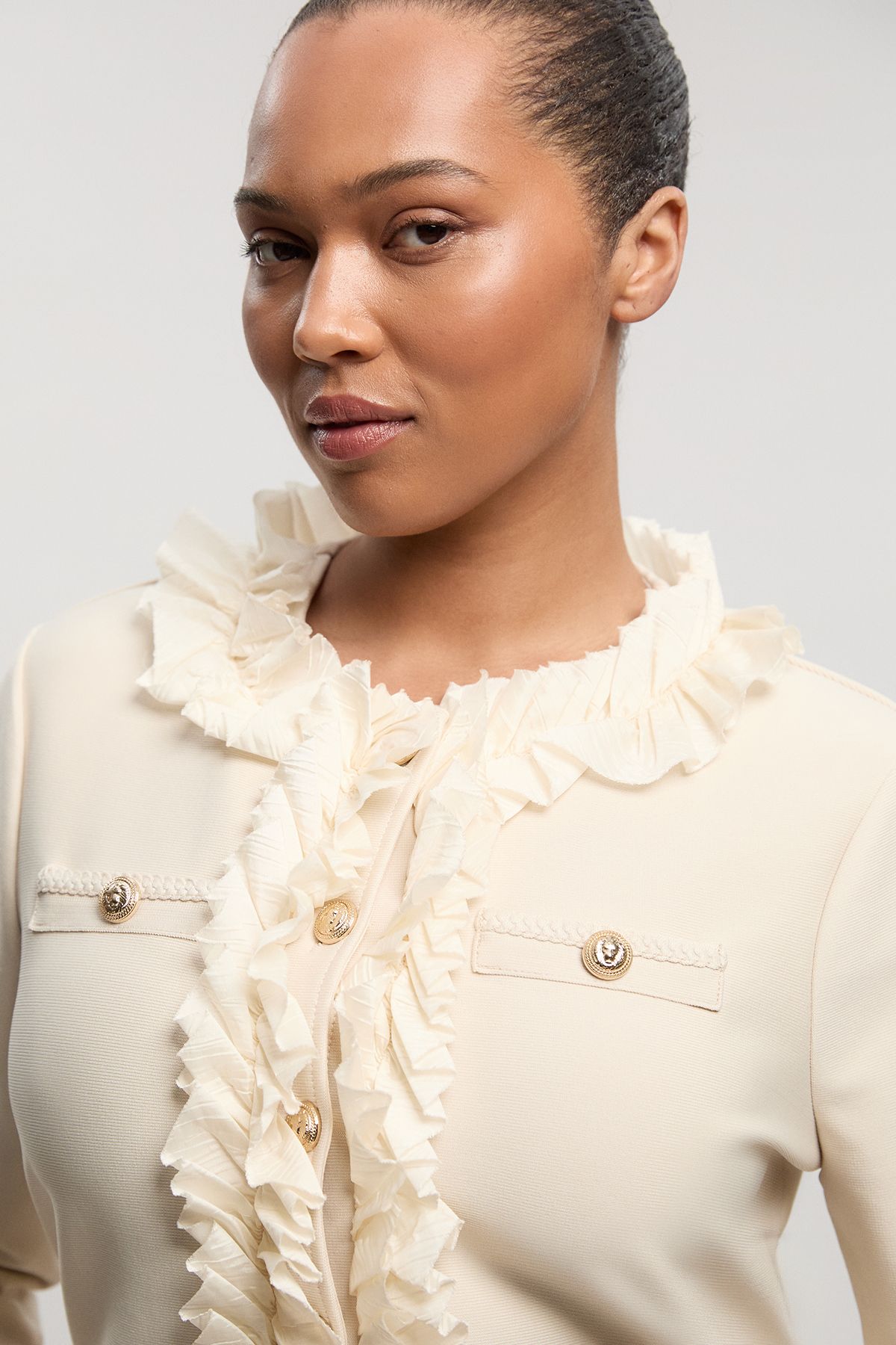 KarenMillen Plus Size Figure Form Bandage Knit Jacket With Woven Ruffle Trim
