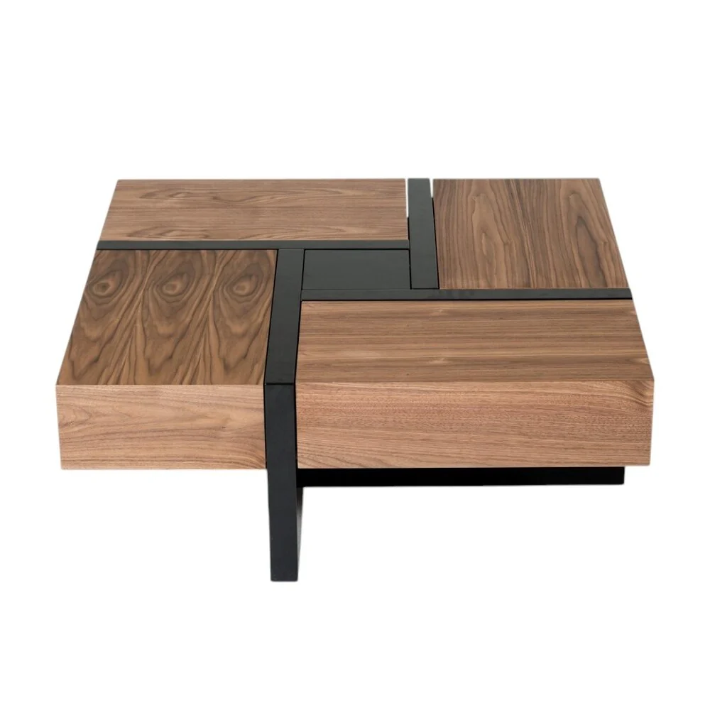 Modern Walnut and Black Square Coffee Table with Storage