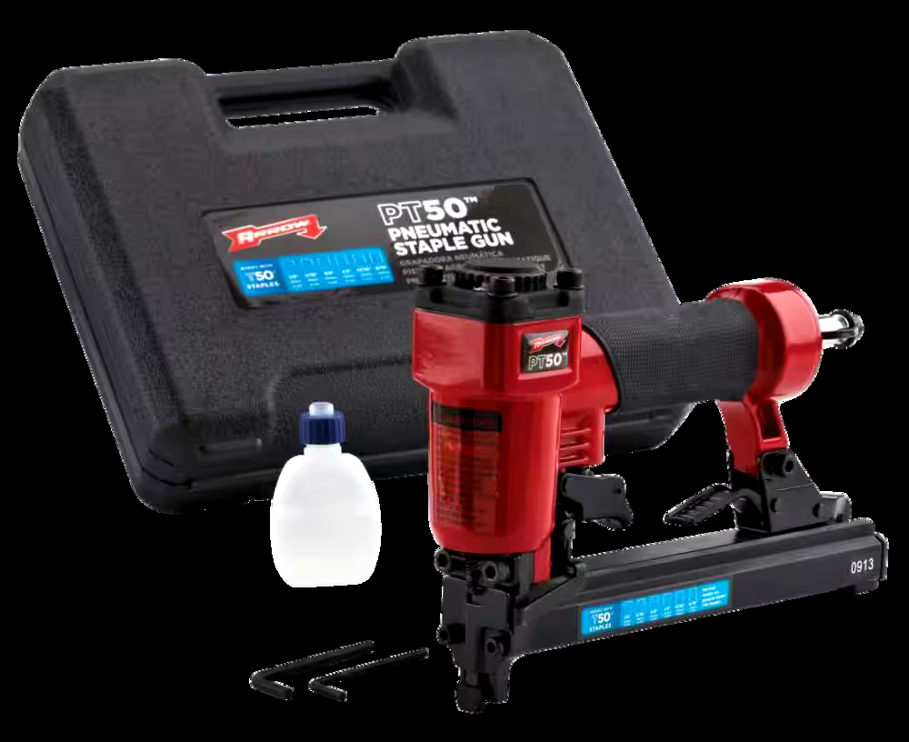 Arrow PT50 Oil-Free Pneumatic Staple Gun, Fits 1/4-in, 5/16-in, 3/8-in, 1/2-in, 9/16-in Staples, Red