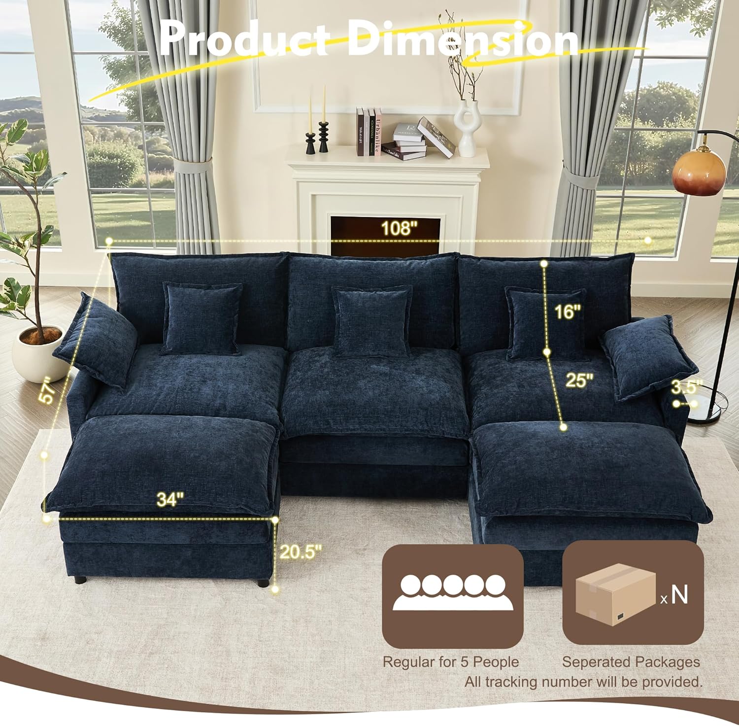 108 U Shaped Couch, Modular Sectional Sofa, 3-Seater Comfy Cloud Couch, Set of Modular Pieces with Movable Ottoman, Deep Seat Couches for Living Room, Chenille, Navy