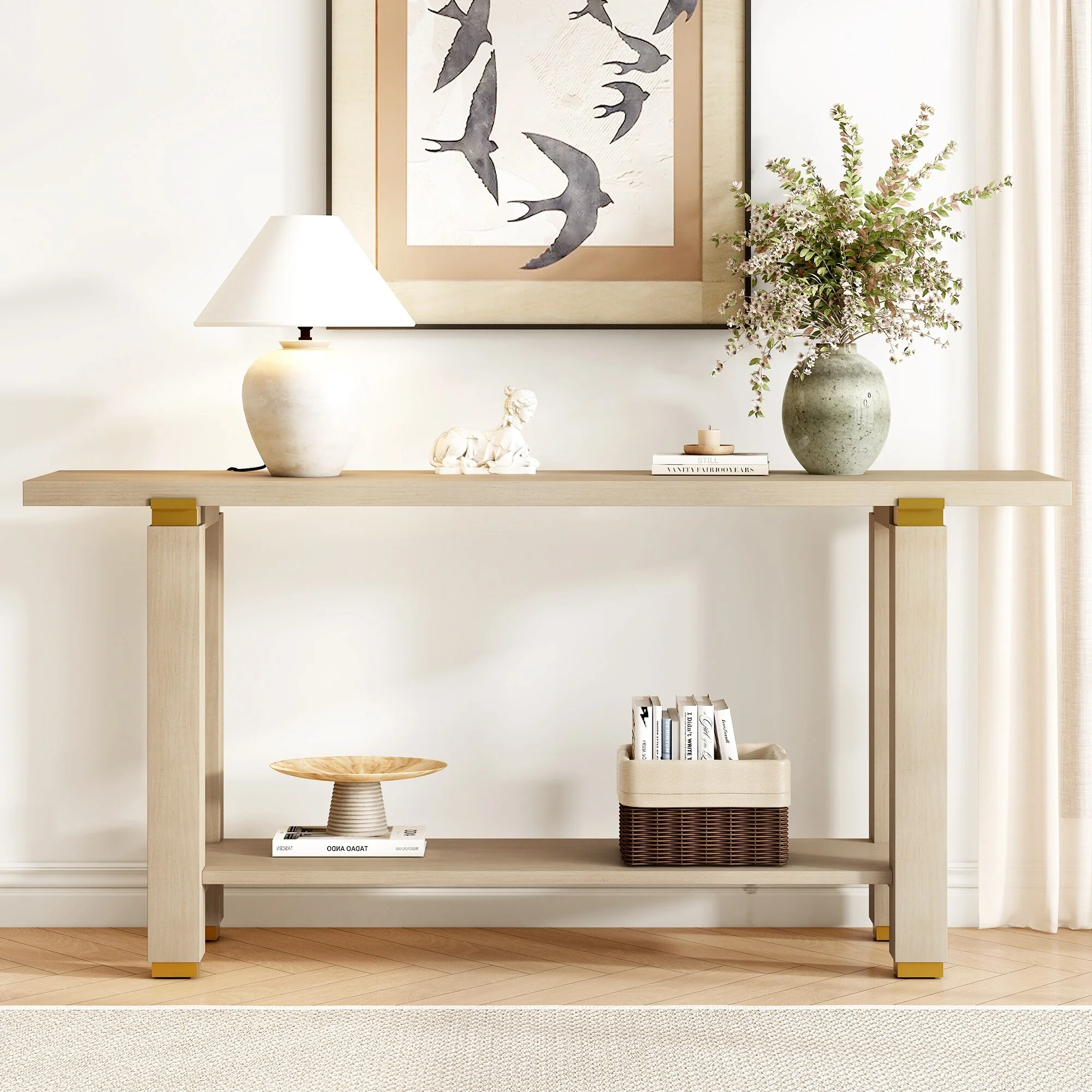 63 Narrow Long Console Table Entryway Sofa Table with Metal Accents & Bottom Storage Shelf for Living Room Hallway