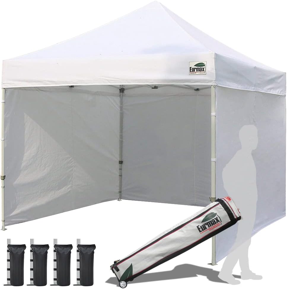 Eurmax USA 10'x10' Pop-up Canopy Tent Commercial Instant Canopies with 4 Removable Zipper End Side Walls and Roller Bag  Bonus 4 SandBags(White)