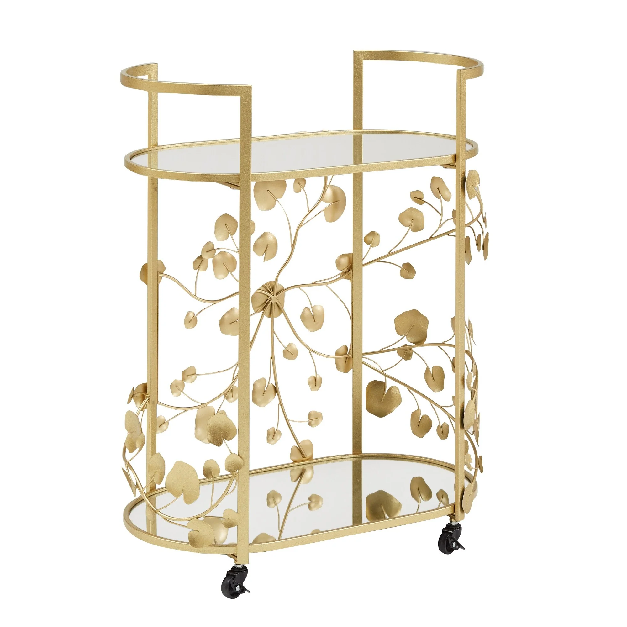 Astoria Gold Finish Foliage Bar Cart with Mirror Top and Bottom by iNSPIRE Q Bold