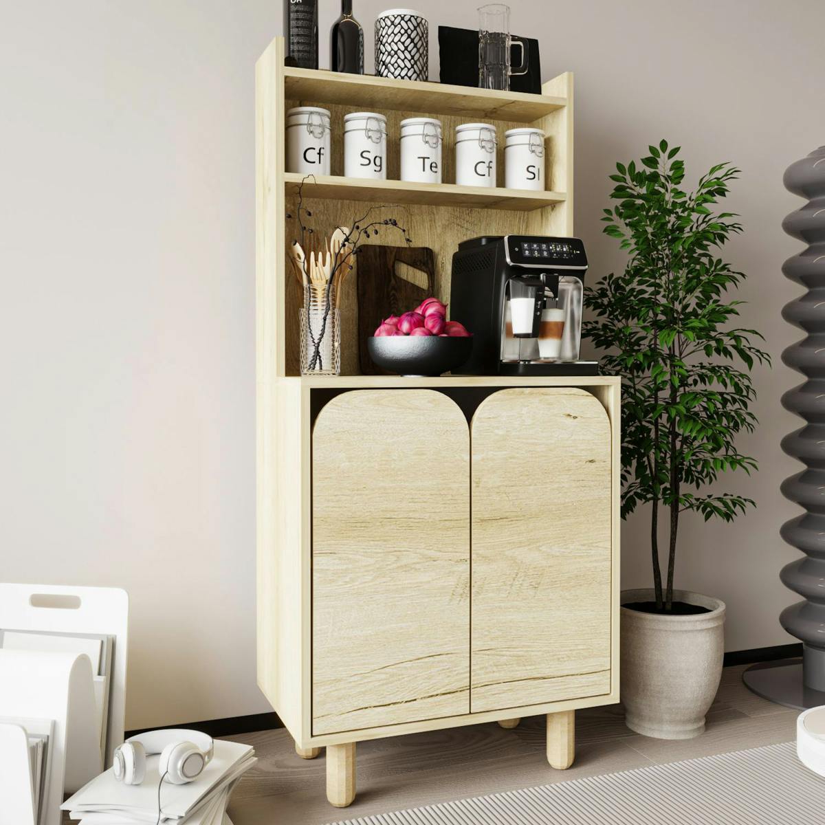 Vaisselier cuisine effet bois 2 portes courbes VAREN