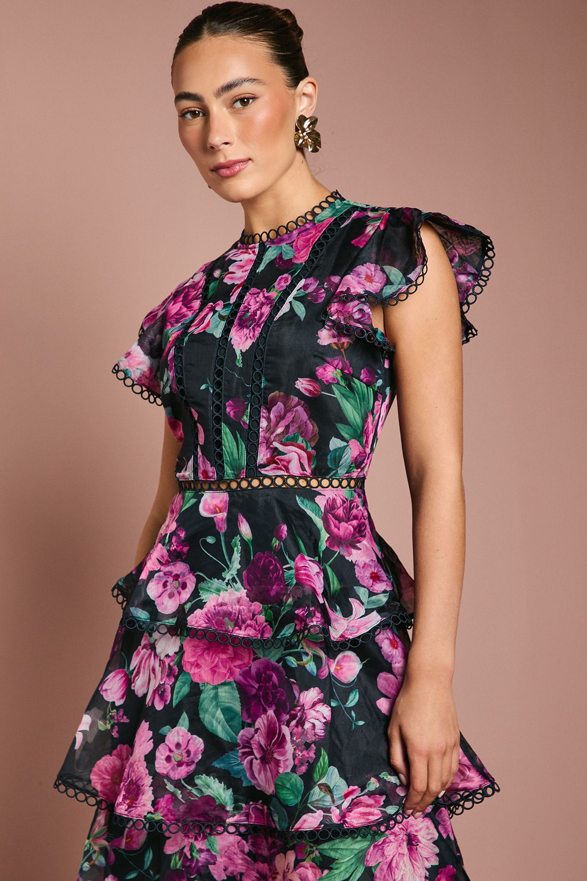 Coast Lace Trim Tiered Organza Midi Dress