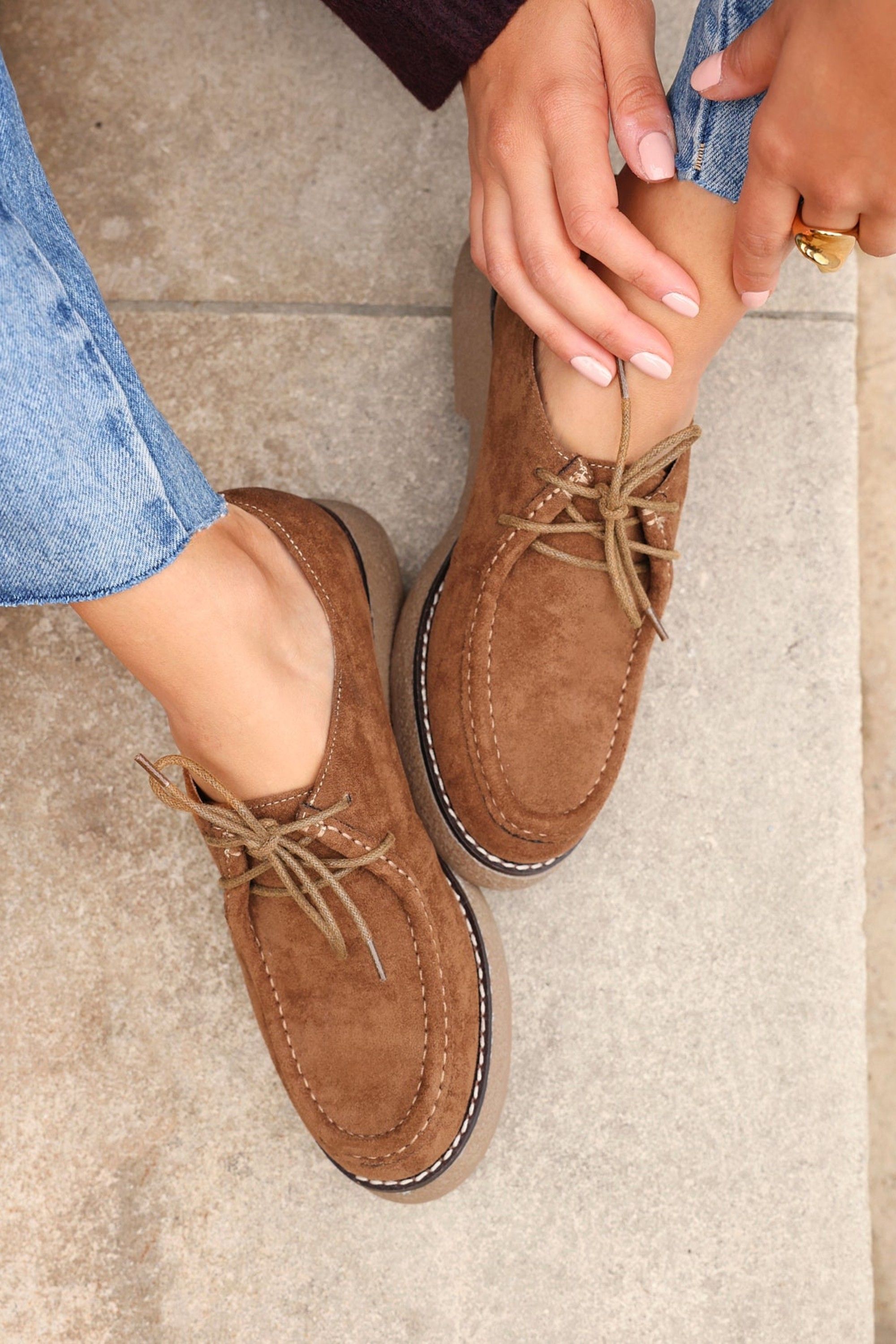 Linzi Perth Tan Faux Suede Laced Chunky Loafer