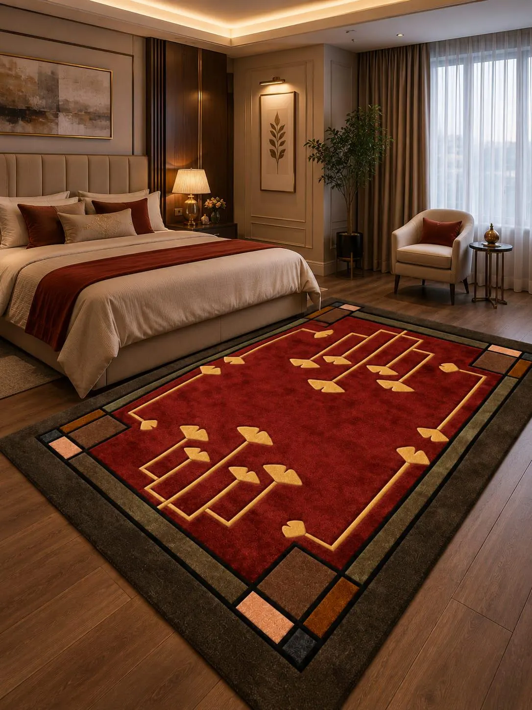 Burgundy Art Deco Luxury Rug, Geometric Handmade Tufted Rug, Modern Vintage Living Room Carpet, 5x8, 8x10, 9x12