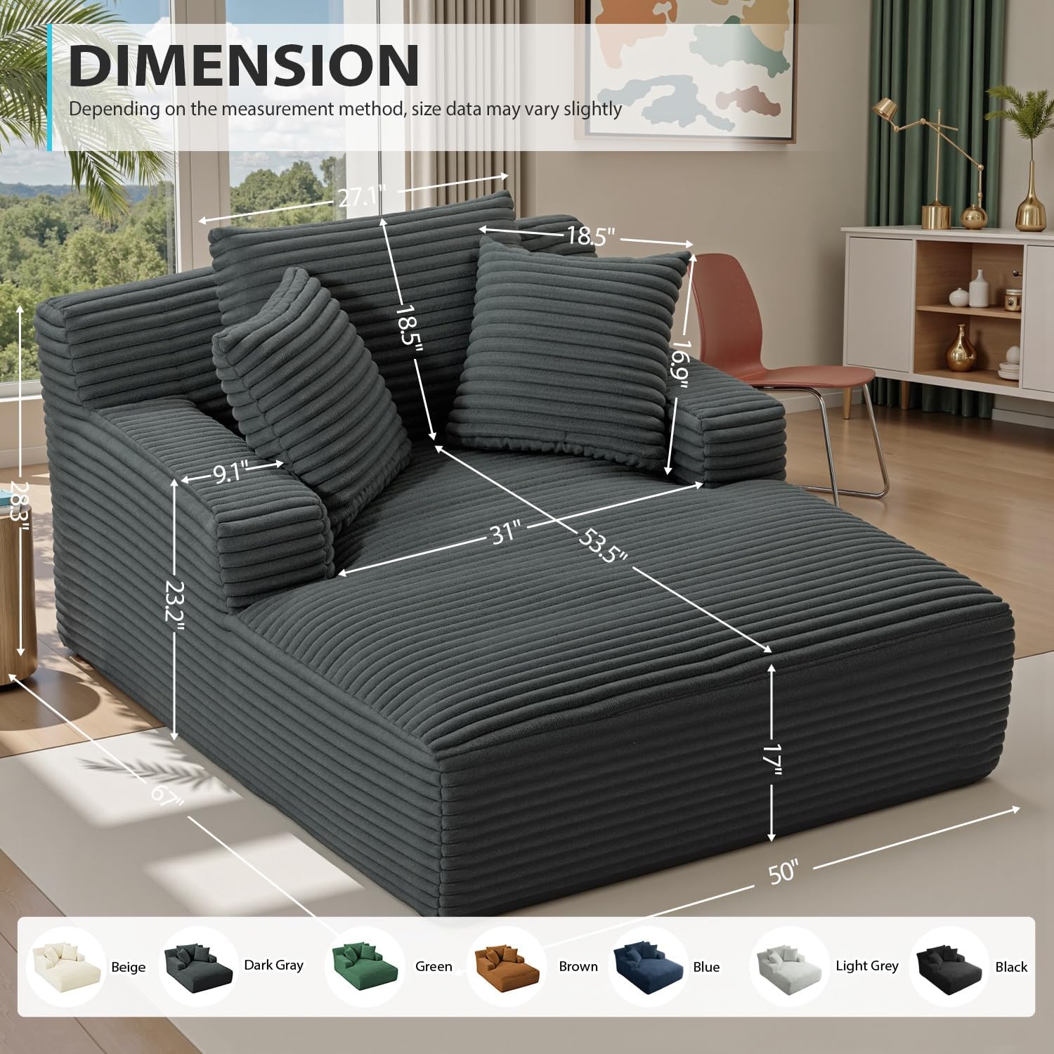 67 Inch Chaise Lounge Chair Indoor, Oversized Corduroy Upholstered Boneless Sofa Bed, Deep Seat Sleeper Couch Reading Chairs, Cloud Sofas Couches for Living Room, No Assembly Required (Dark Grey)