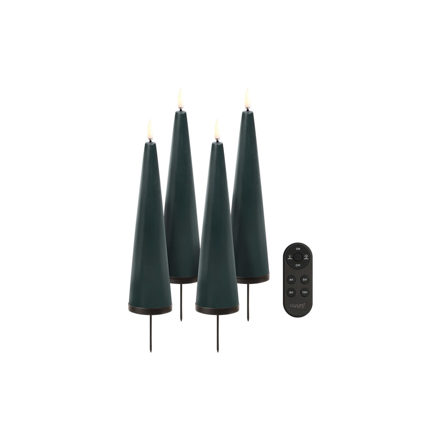 Giftbox w. spike, remote, LED cone candle 4-pack, pine green