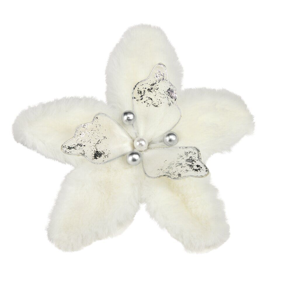 Fleur de No&euml;l poinsettia effet fourrure blanc Ø15cm