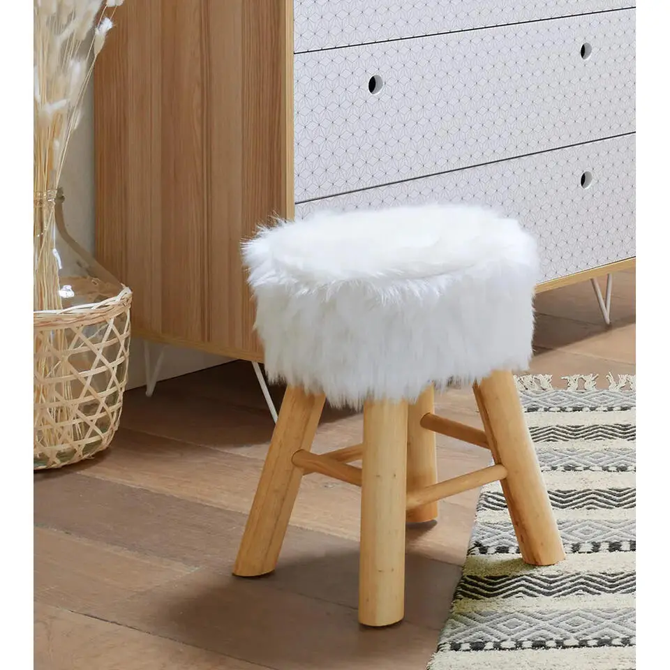 Atmosphera Bijzet/zit krukje Oslo - hout/stof - wit - H42 cm