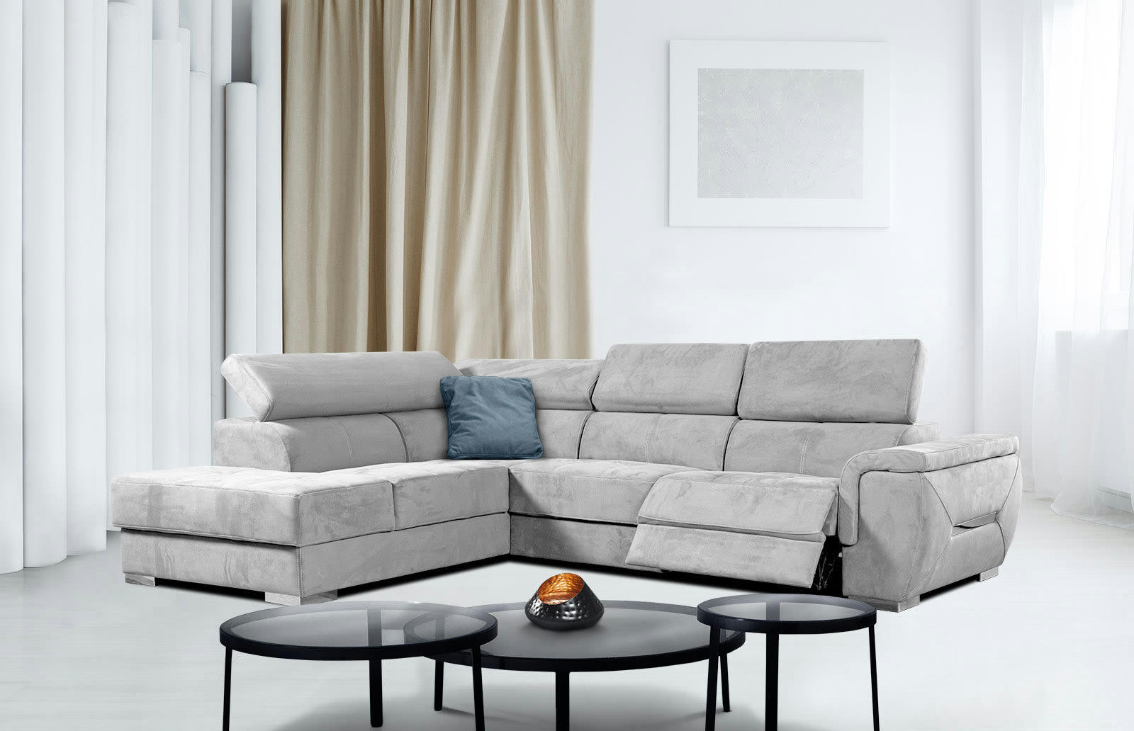 KELTE - Canapé d'angle gauche 5 places avec une relaxation tissu gris