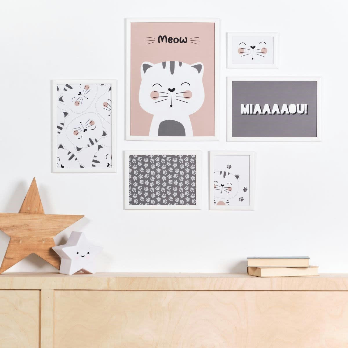 FUNNY CHAT - Lot 6 de cadres photos en bois blanc 45x35x21