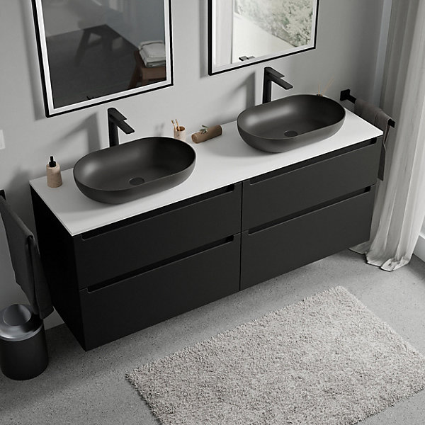 Meuble sous vasque suspendu MDF Noir mat, plan vasque Blanc mat, tiroirs pivotants - 160x46x62cm - VIREO