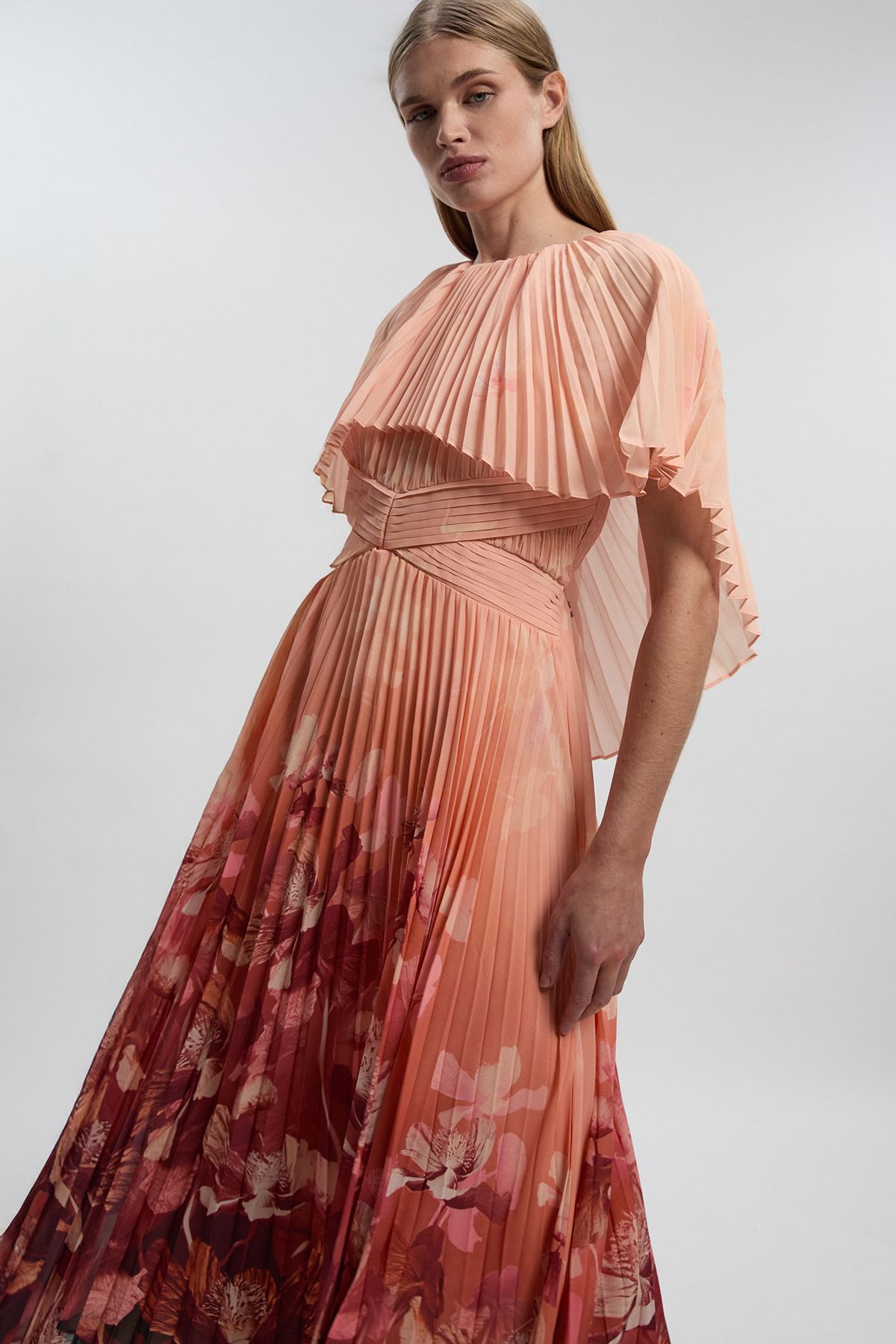 KarenMillen Pleated Floral Cape Sleeve Low Back Maxi Dress
