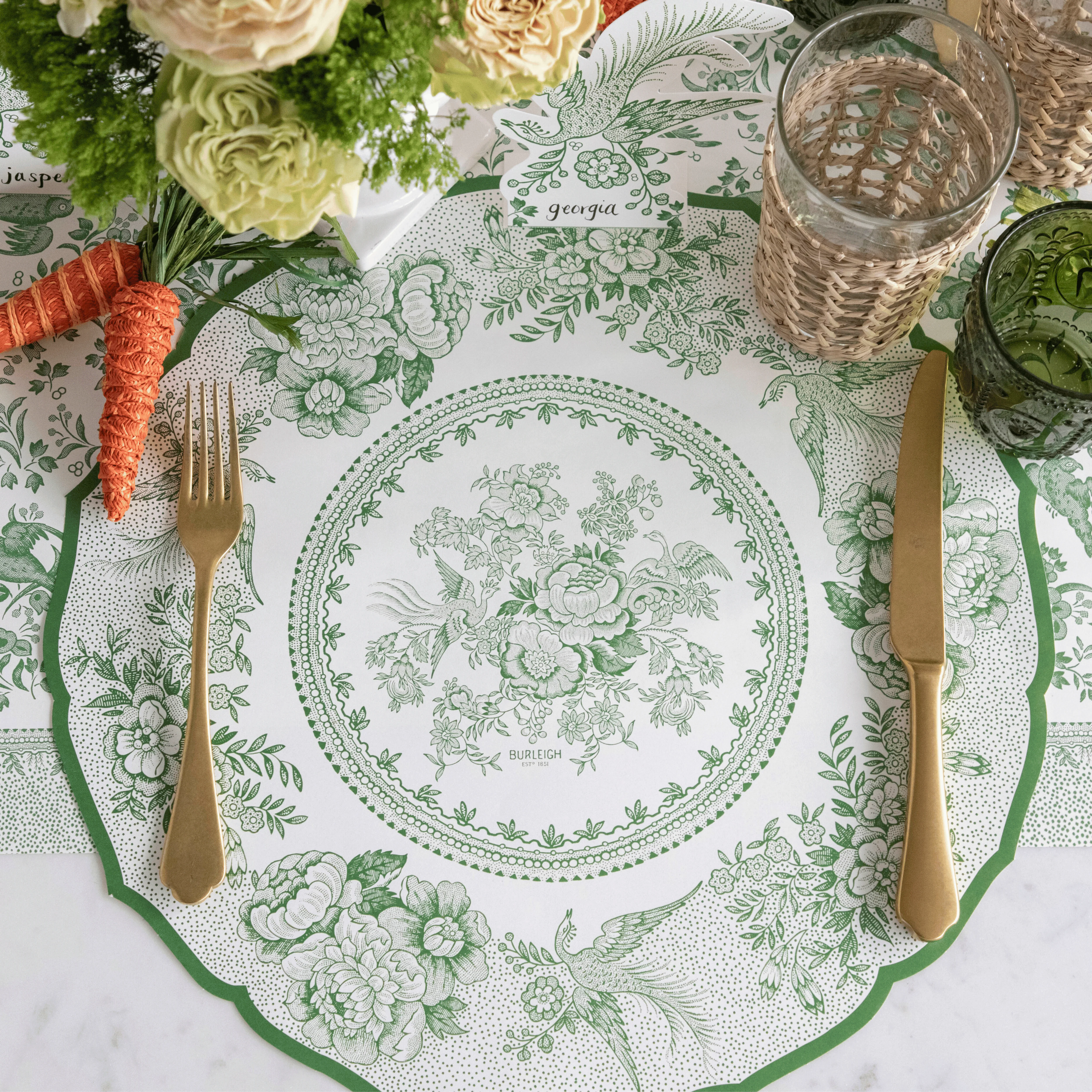 Burleigh x Hester & Cook Green Asiatic Pheasants Round Paper Placemats, Pack of 12