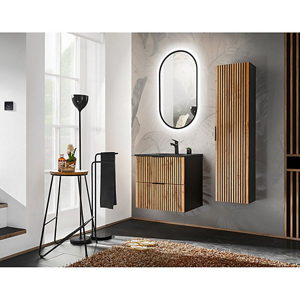 Ensemble de salle de bain KINOKO : meuble sous vasque à tiroirs 60cm et vasque à encastrer noire et siphon