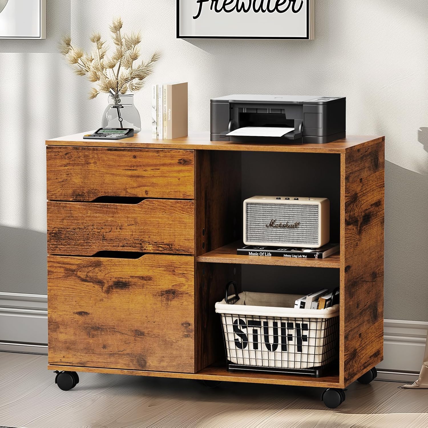 DUMOS Lateral File Cabinet with 3 Drawers Rolling Filing Cabinets Under Desk Storage Printer Stand Wood Organizer with Wheels Adjustable Shelf for Office Home Small Space, Brown