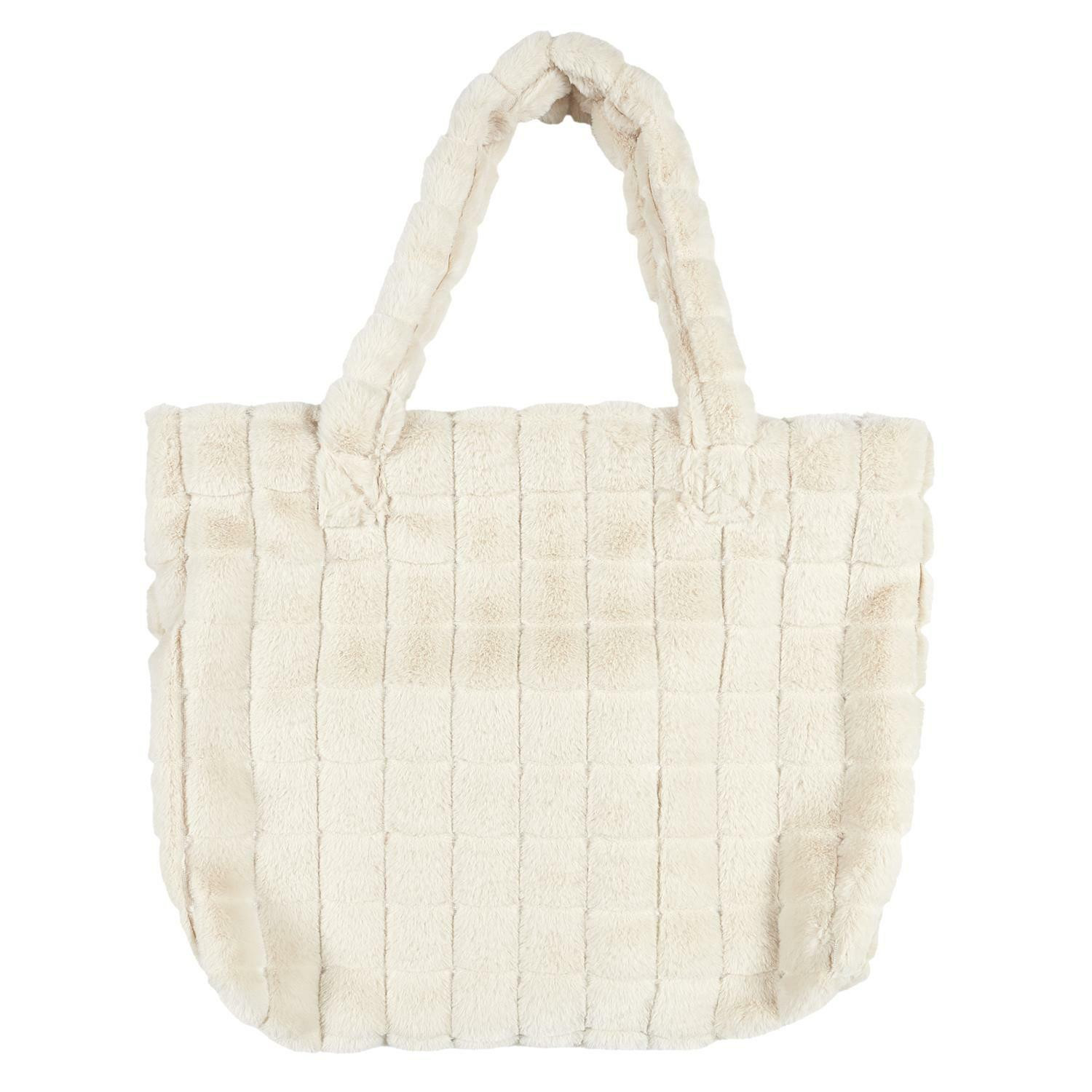 TORBA SHOPPER kremowa FUTRZANA miękka w kwadraty