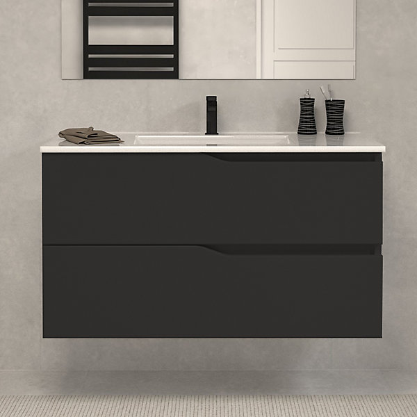Meuble sous vasque seul, 2 tiroirs, 90cm, simple vasque - noir - LUNA