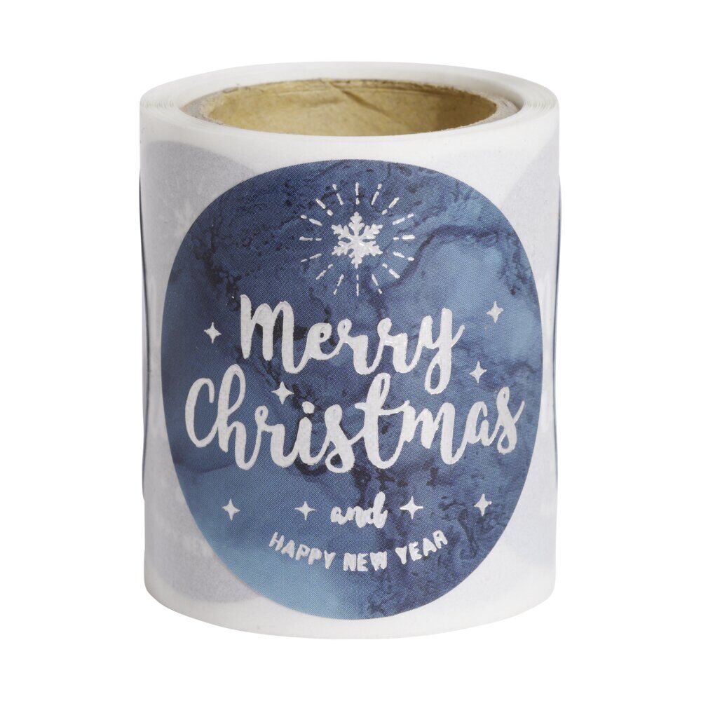 Rouleau étiquette autocollante Merry Christmas iridescent bleu Ø3cm x50