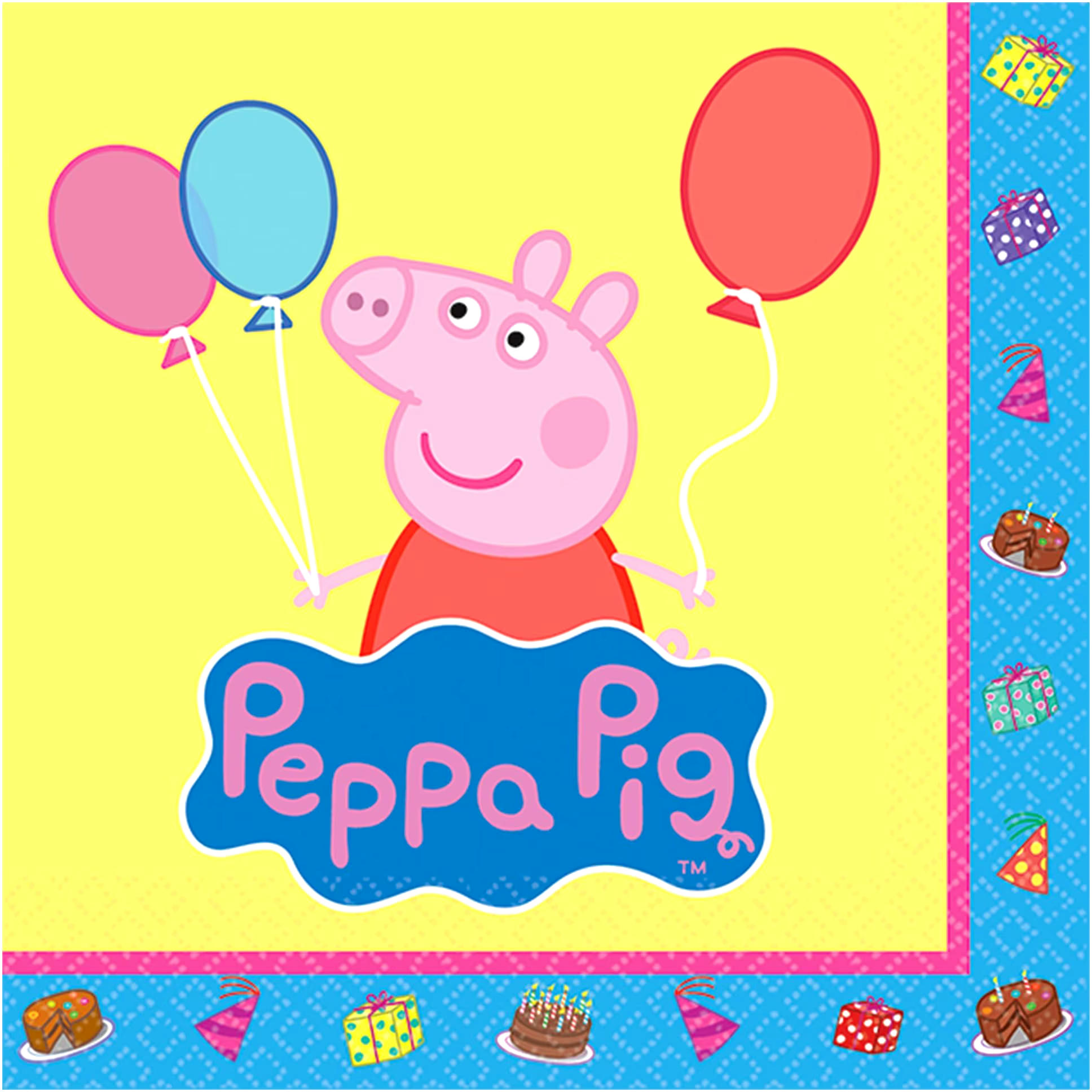Nickelodeon Peppa Pig Square Paper Disposable Beverage Napkins, Yellow/Blue, 5-in, 16-pk, 2-ply, for Birthday Party