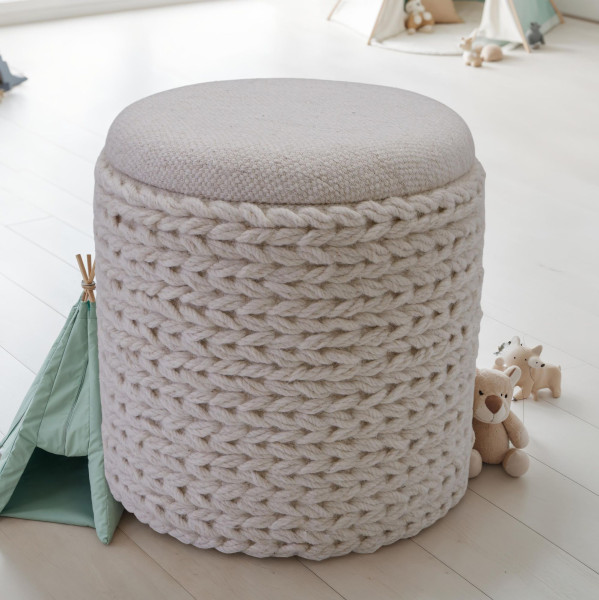 Okrągły Hocker z Miejscem do Przechowywania 40 cm Boho Kremowa Włóczka