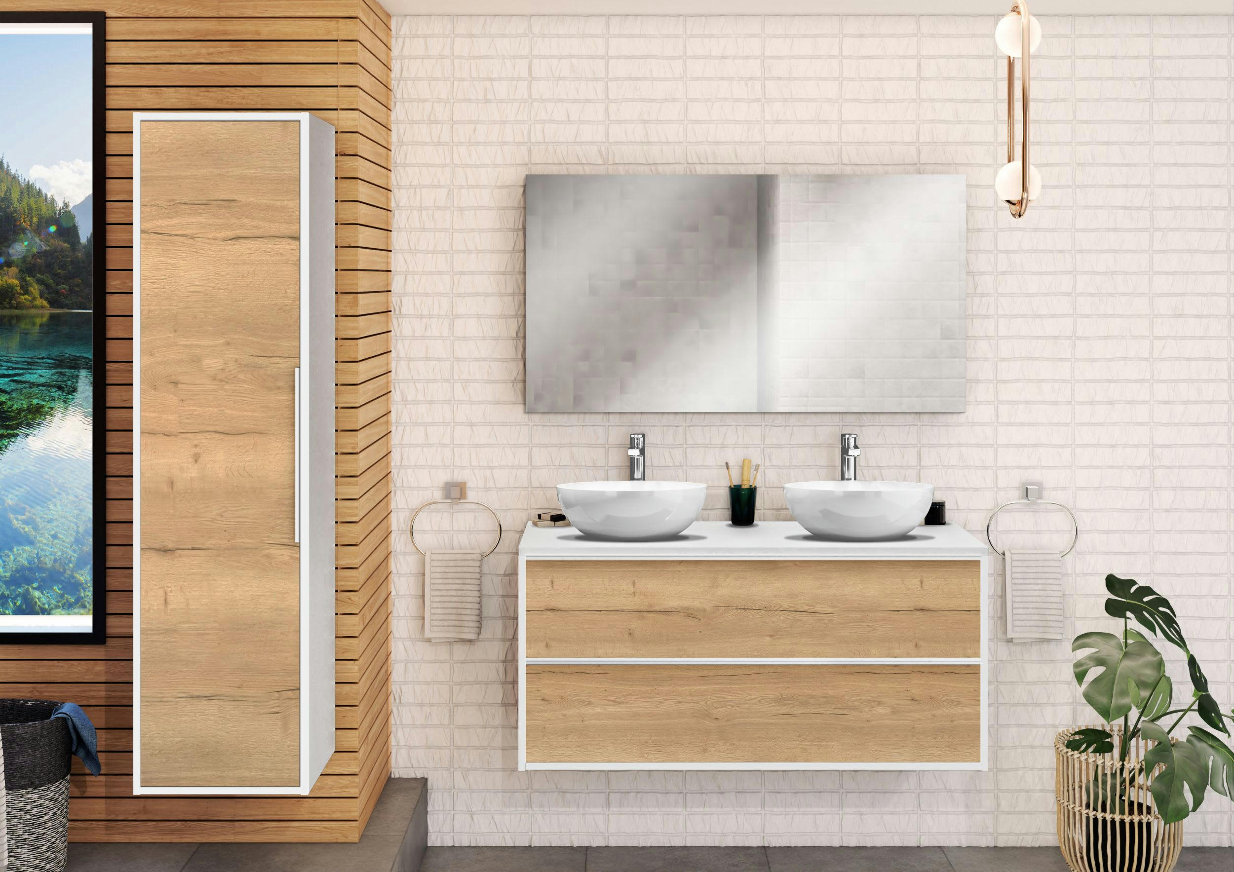 BORDER - Meuble de salle de bain 120cm Chêne  Meuble +  Plan Mélaminé