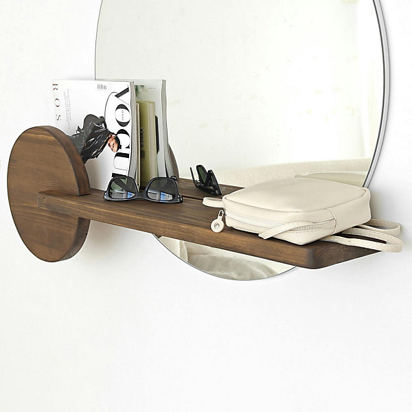Miroir d'entrée rond avec étagère en bois brun HILO