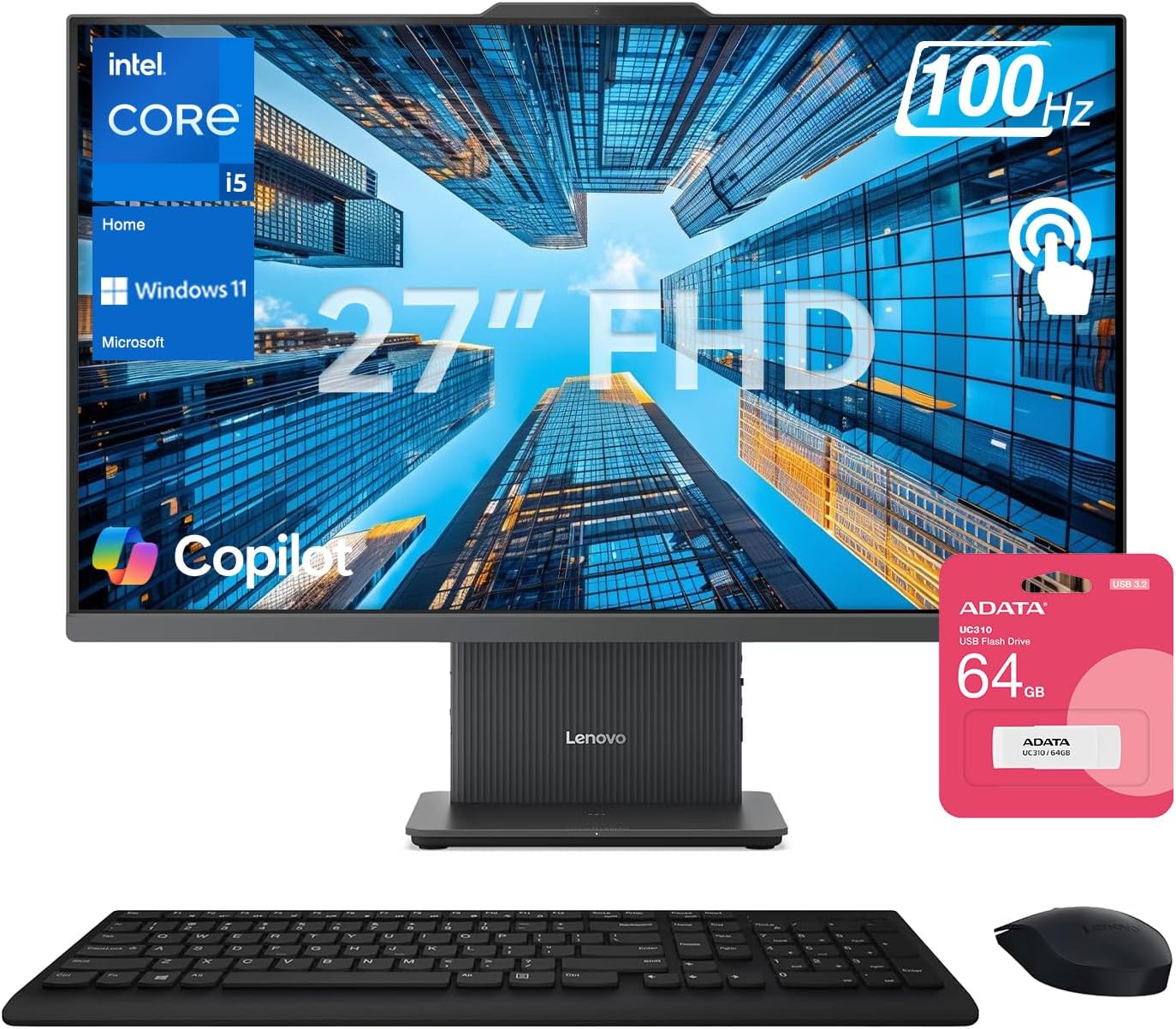 Lenovo IdeaCentre I Premium Business All-in-One  Next Gen AI  27 FHD Touchscreen 100Hz  i5-13420H  32GB DDR5 RAM  1TB SSD  Wi-Fi 6  Wireless KB &M  W11H  Bundle with ADATA 64GB USB Flash Drive