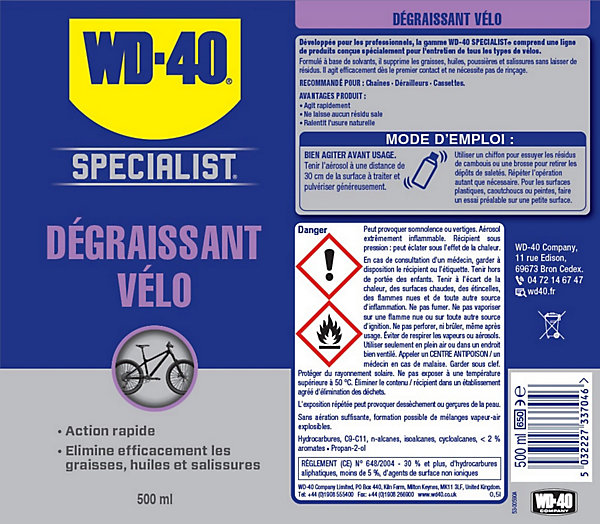 Dégraissant pour vélo WD40 500 ml action rapide