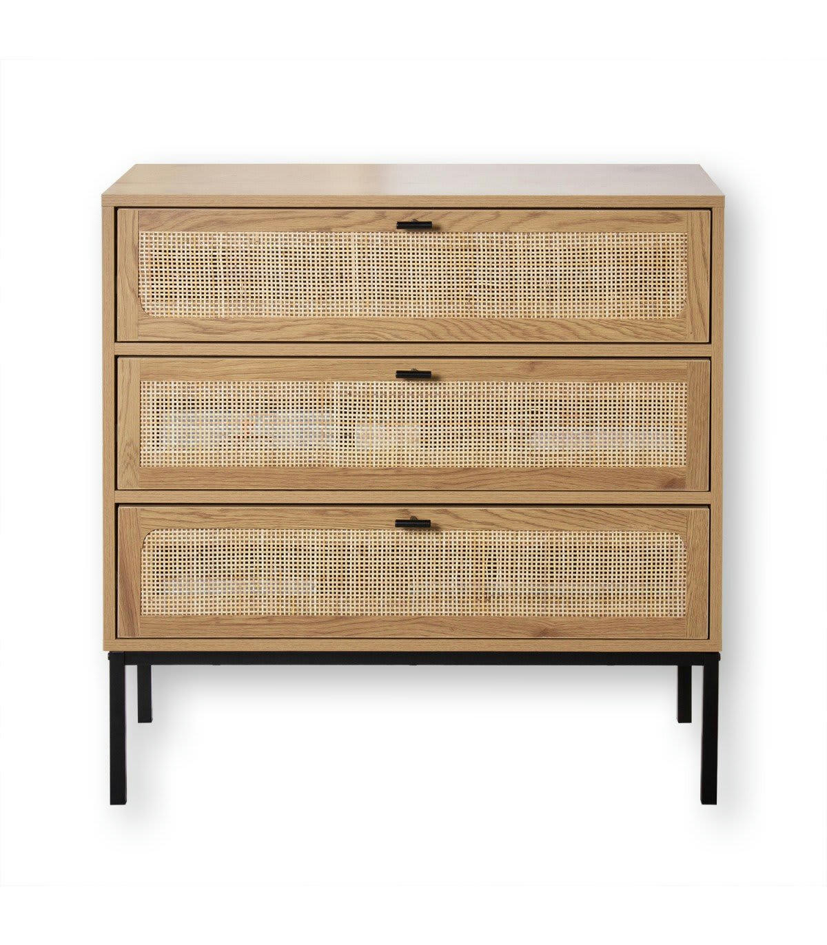 JAYA - Commode 3 tiroirs décor chêne et façade en rotin - L80 x P39 cm