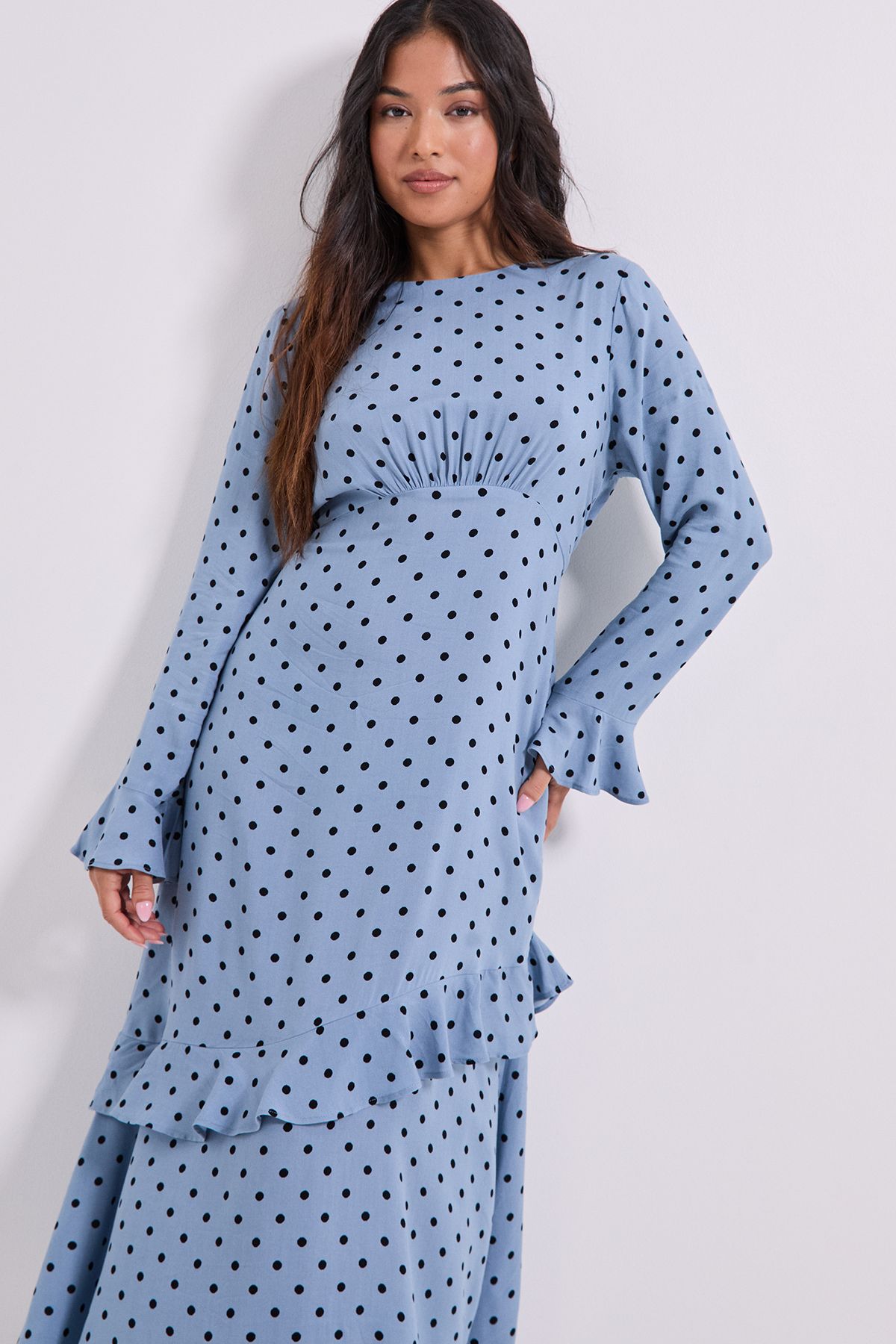 Dorothy Perkins Petite Blue Spot Frill Sleeve Ruffle Detail Printed Midi Dress