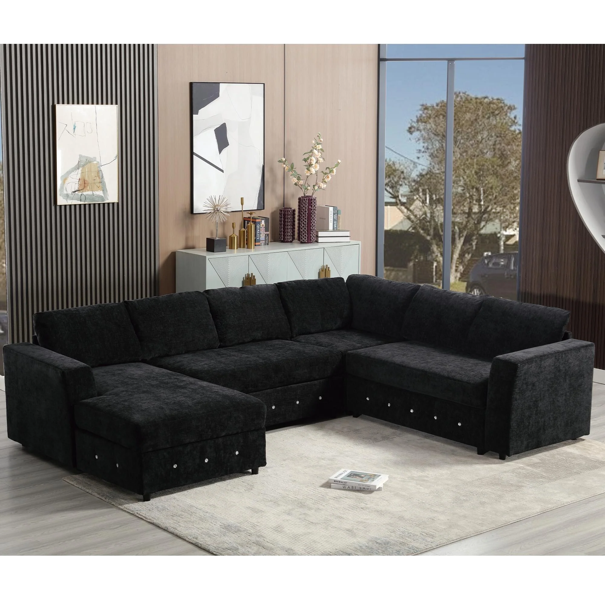 Modern U Shaped Sectional Sofa with Crystal Button Accents and Hidden Chaise Storage for Living Room or Guest Room