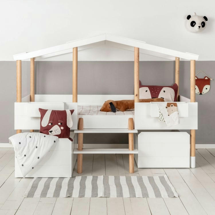 PILOTI - Lit enfant cabane  avec tiroirs blanc   effet bois    90x190