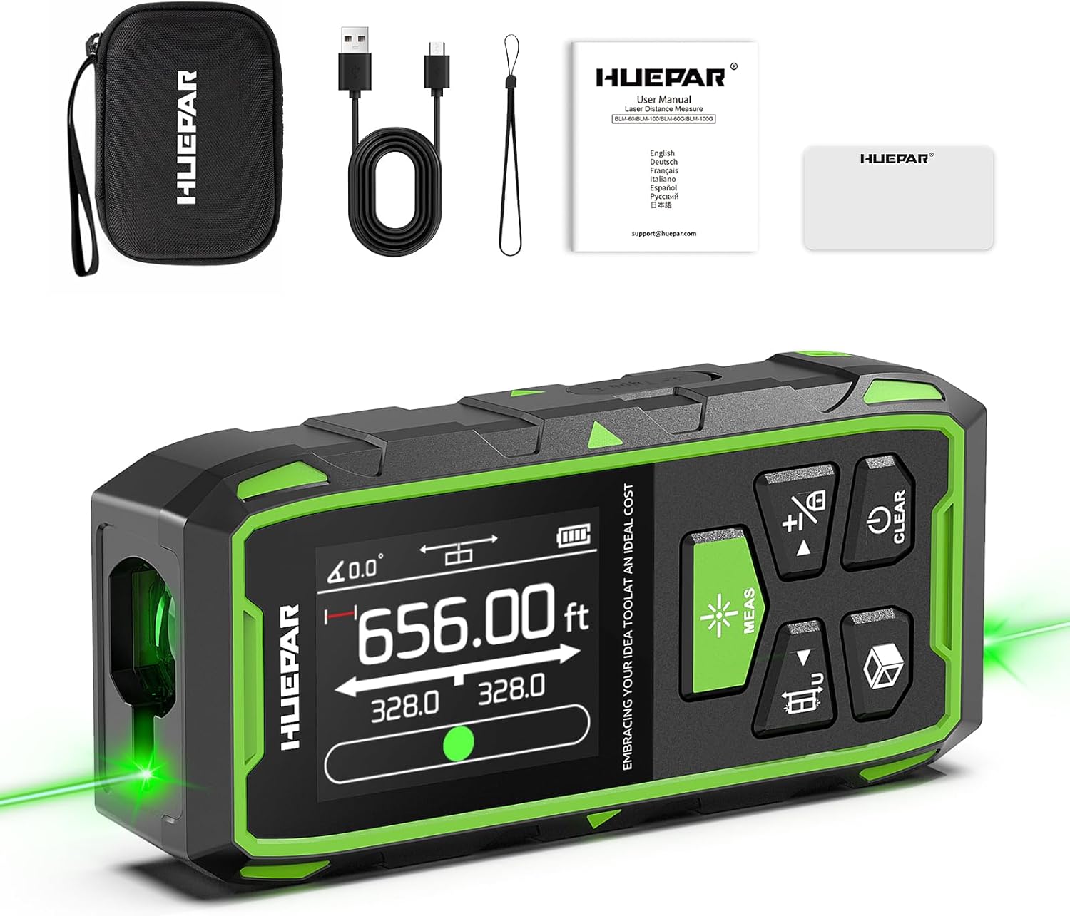 Huepar Dual Laser Measuring Tool, 656Ft Green-Beam Bilateral Digital Laser Distance Measure 6 Units Ft/in/M, Rechargeable Laser Measurement Tool -Backlit LCD Display, Length/Area/Volume/Angle Sensor