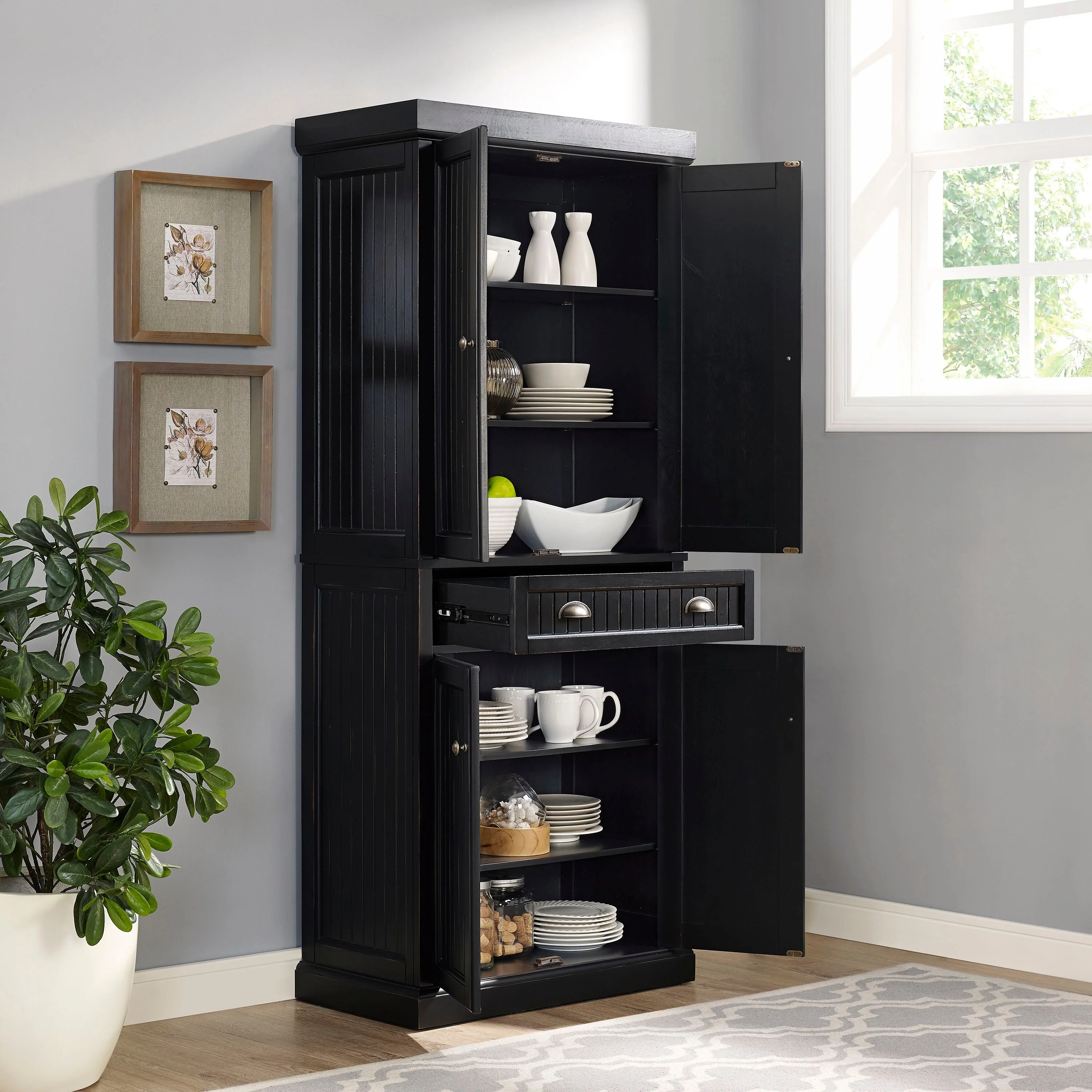 Crosley Seaside Kitchen Pantry in Distressed Black Finish