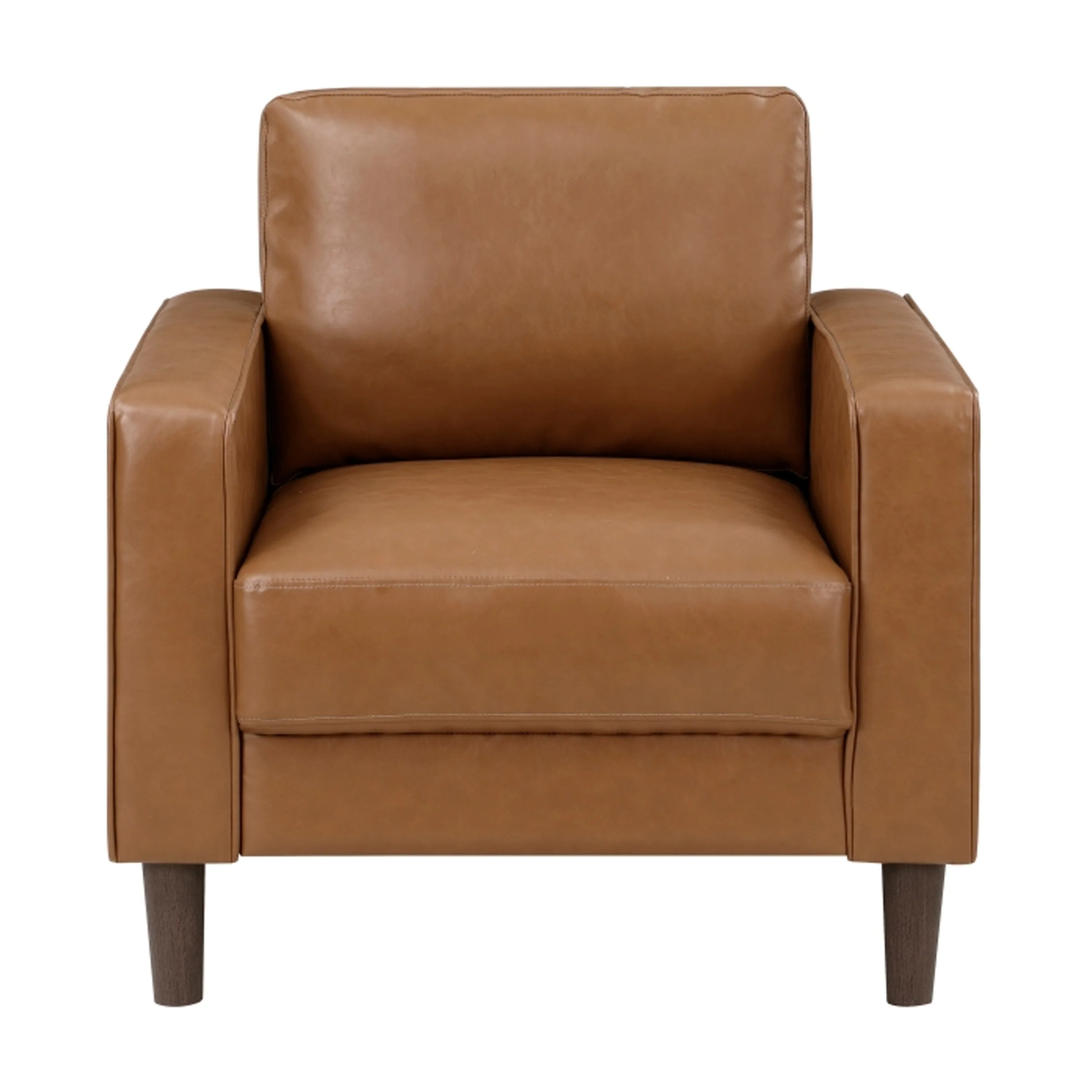 Stark 33 Inch Chair, Brown Faux Leather, Track Style Arms, Solid Wood